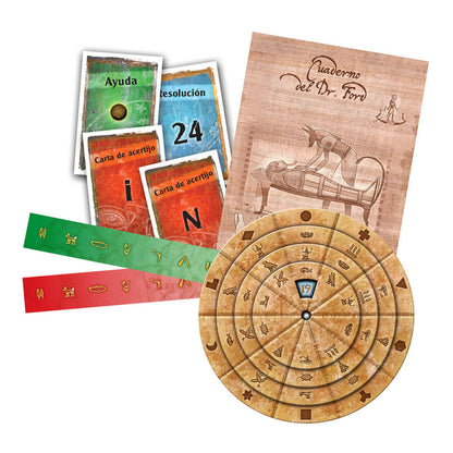 Componentes juego de mesa EXIT La Tumba del Faraón con disco giratorio y cartas egipcias