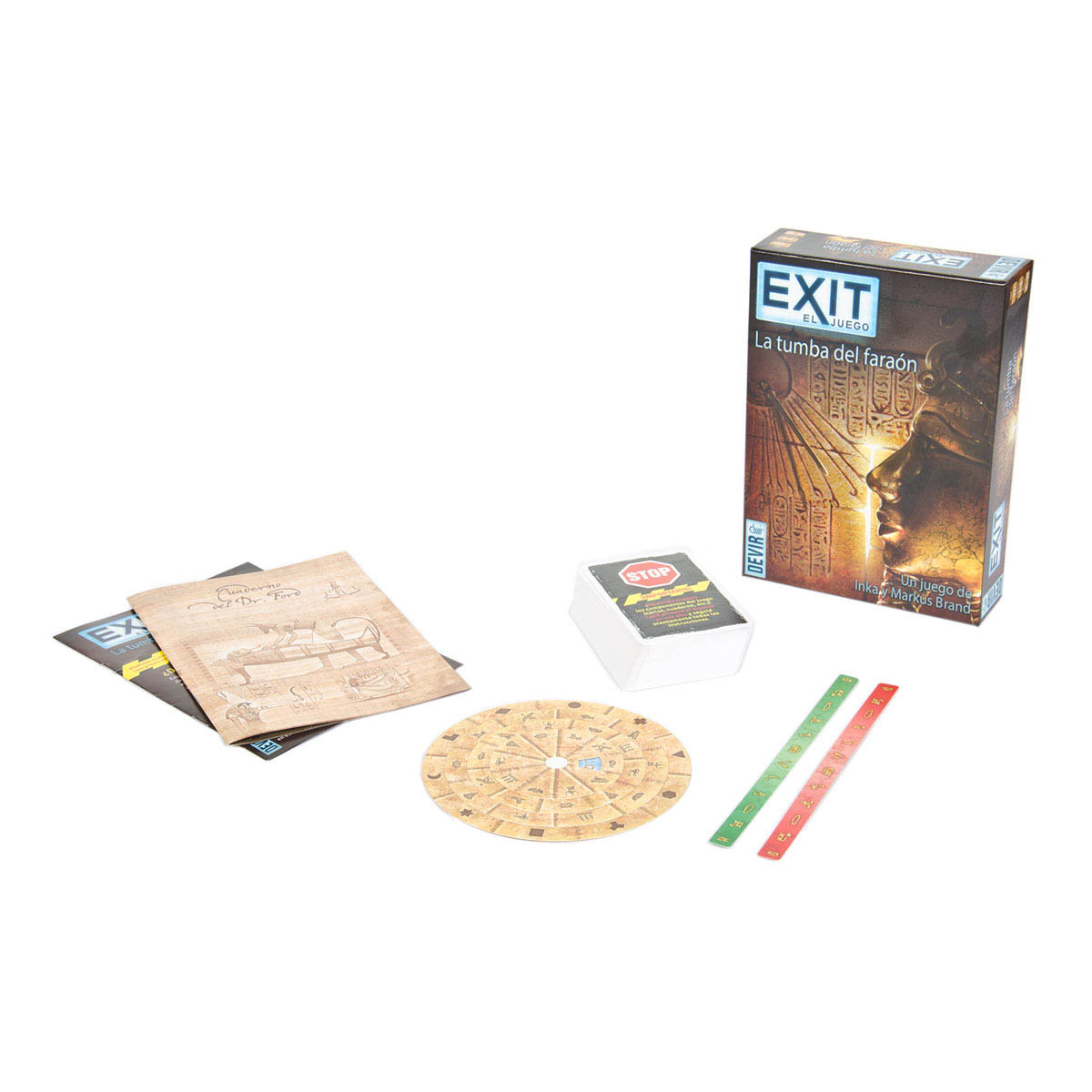 Contenido completo juego de mesa EXIT La Tumba del Faraón con cuaderno y cartas
