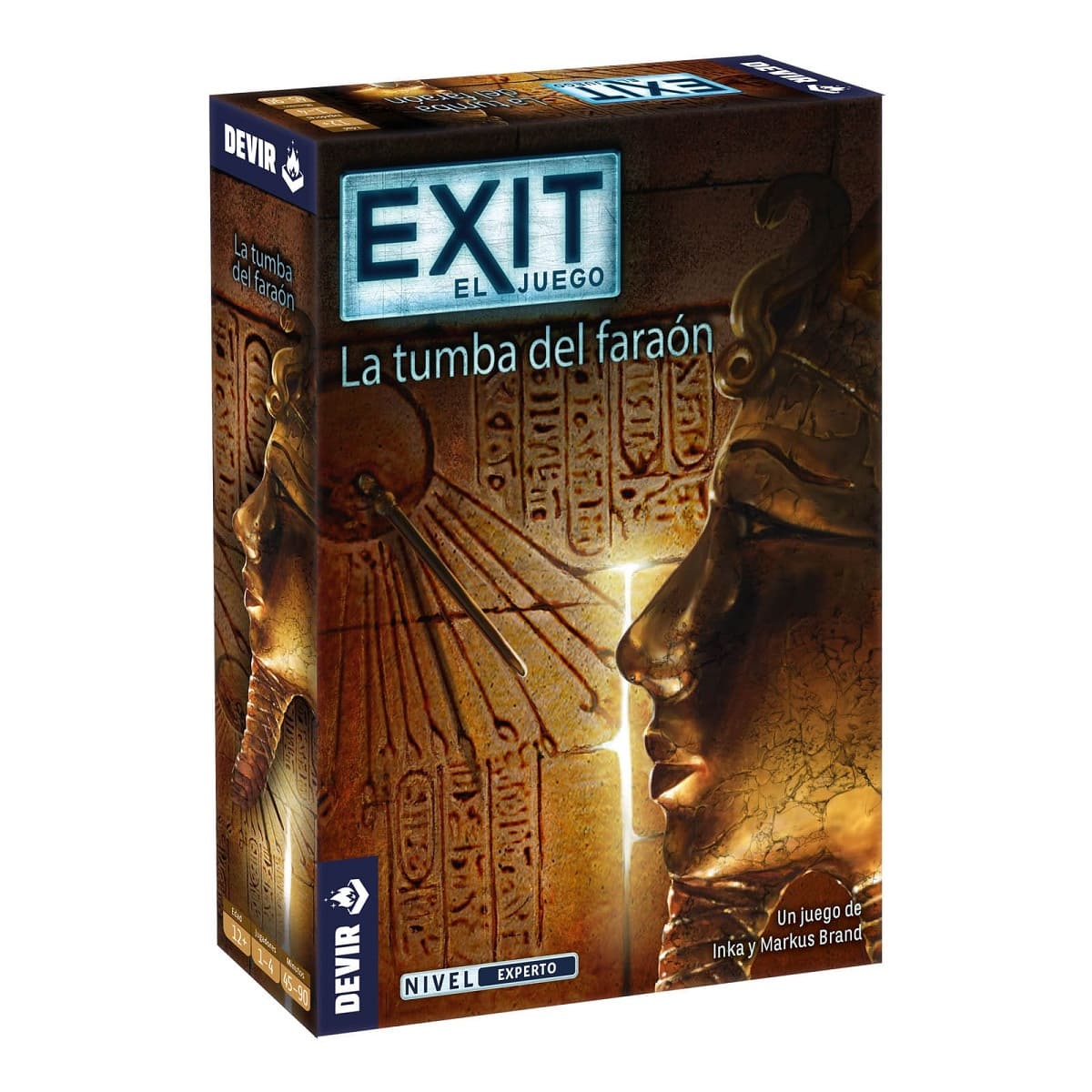 Frente caja juego de mesa EXIT La Tumba del Faraón con estatuas egipcias doradas