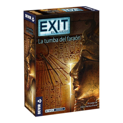 Frente caja juego de mesa EXIT La Tumba del Faraón con estatuas egipcias doradas