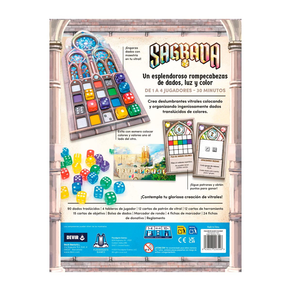 Contraportada juego de mesa Sagrada con dados translúcidos y vitral gótico para 1-4 jugadores