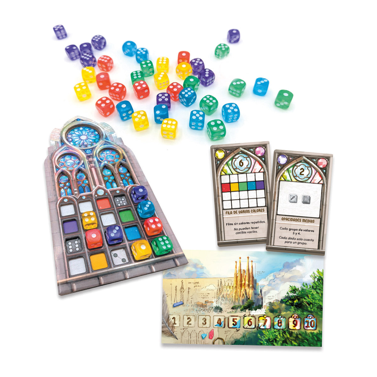 Tablero de jugador de Sagrada con dados de colores y cartas de patrón de vitral