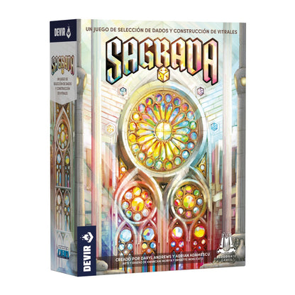 Caja del juego de mesa Sagrada con arte de vitral gótico y selección de dados