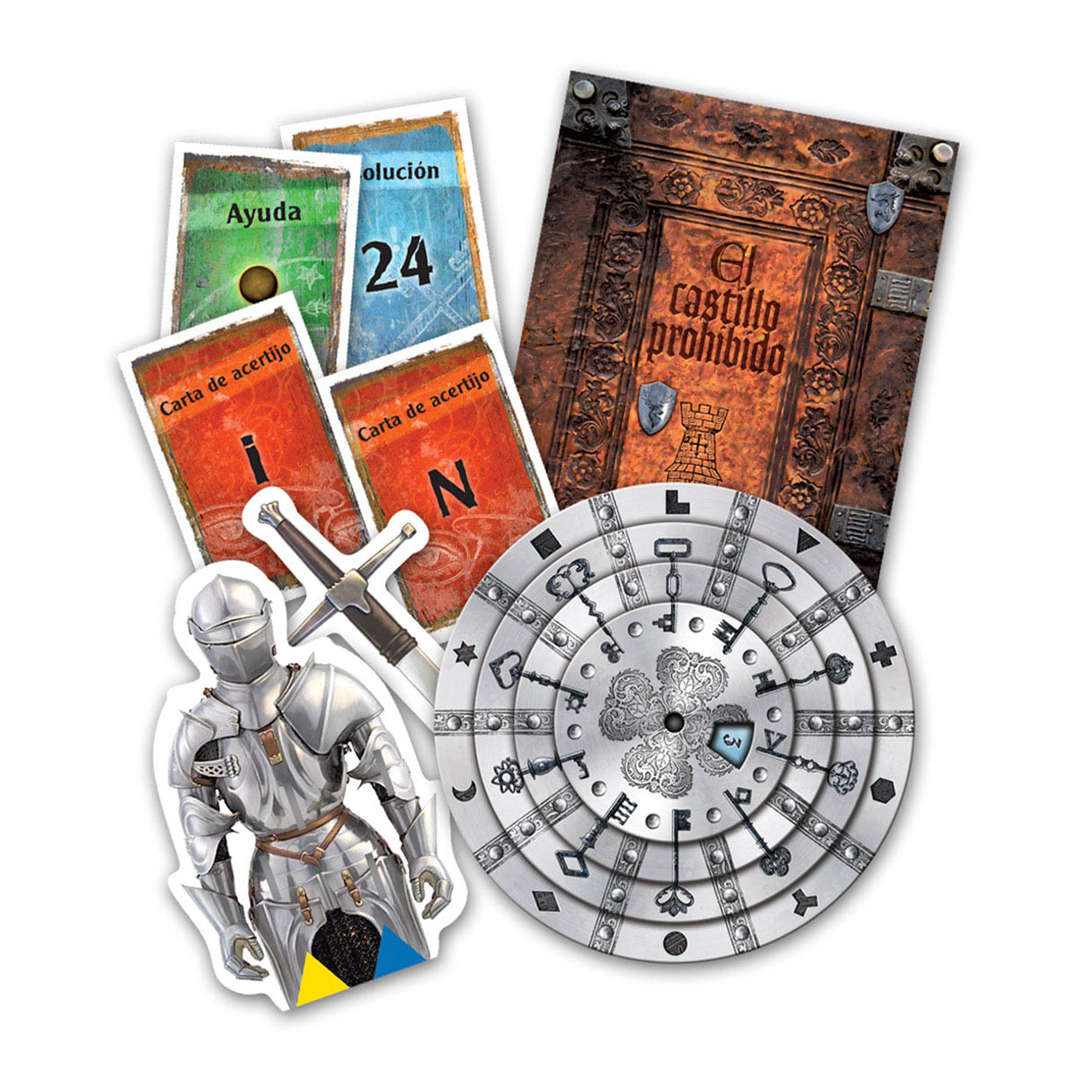 Componentes del juego Exit El Castillo Prohibido con disco descodificador