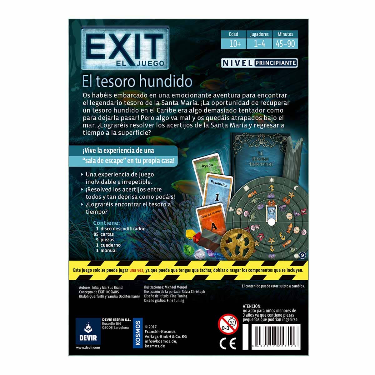 Dorso caja juego EXIT El Tesoro Hundido mostrando componentes, tiempo de juego y datos para 1-4 jugadores