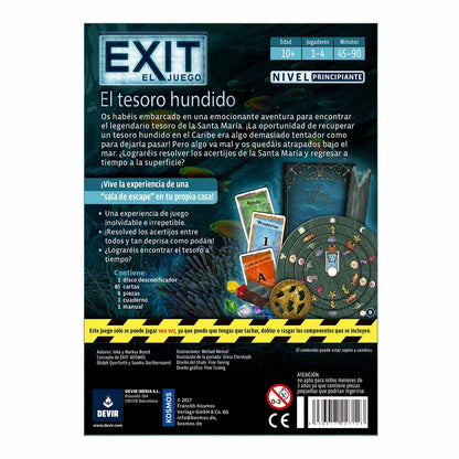 Dorso caja juego EXIT El Tesoro Hundido mostrando componentes, tiempo de juego y datos para 1-4 jugadores