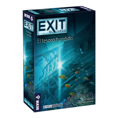 Caja del juego de mesa cooperativo EXIT El Tesoro Hundido con diseño submarino y nivel principiante