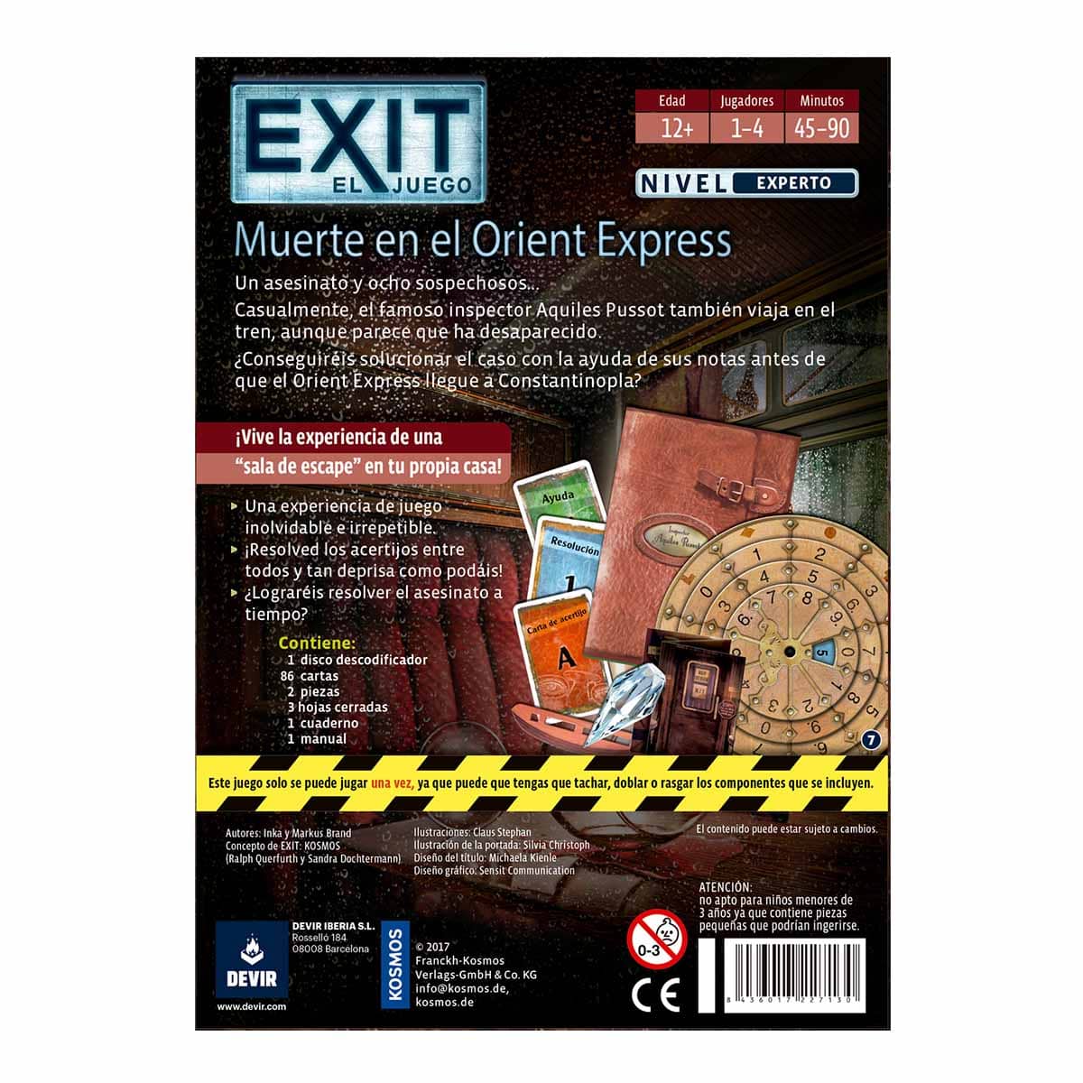 Dorso caja juego cooperativo EXIT Muerte en el Orient Express mostrando componentes como cartas y disco descodificador