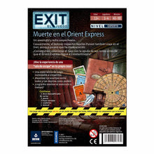 Dorso caja juego cooperativo EXIT Muerte en el Orient Express mostrando componentes como cartas y disco descodificador