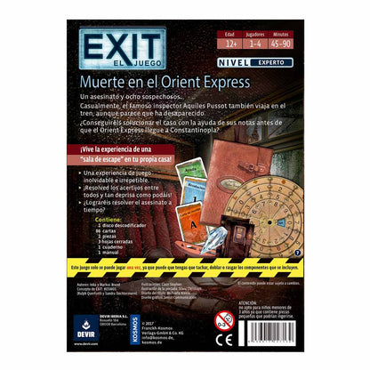 Dorso caja juego cooperativo EXIT Muerte en el Orient Express mostrando componentes como cartas y disco descodificador
