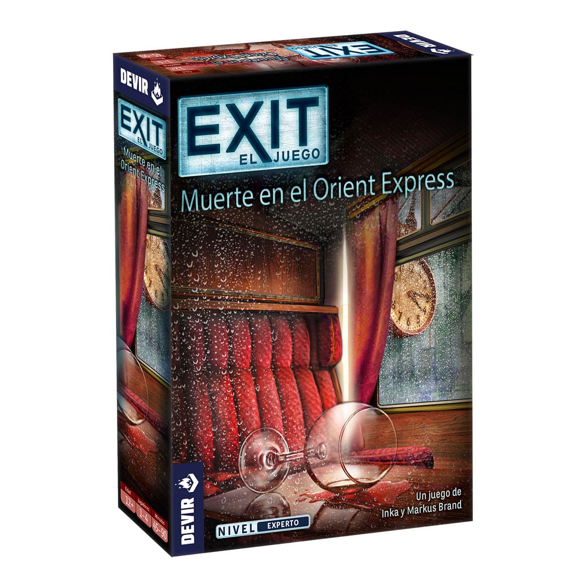 Caja juego de mesa EXIT Muerte en el Orient Express con diseño de vagón rojo y atmósfera misteriosa