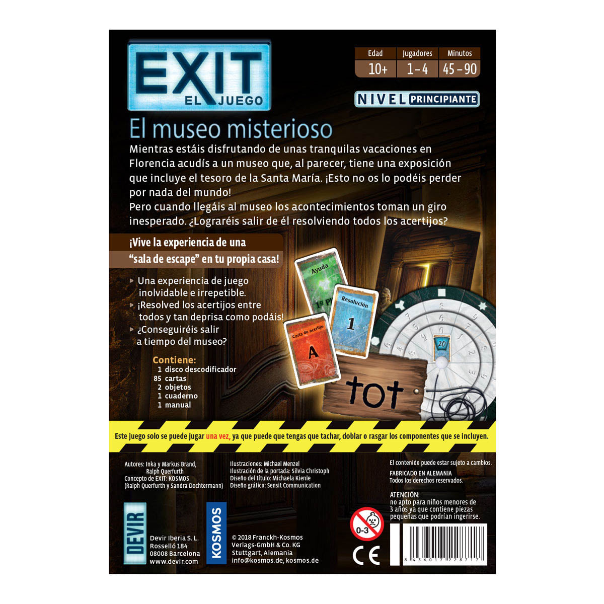 Dorso caja juego de mesa EXIT El Museo Misterioso con lista de contenido y datos de juego