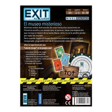 Dorso caja juego de mesa EXIT El Museo Misterioso con lista de contenido y datos de juego