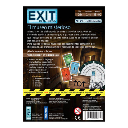 Dorso caja juego de mesa EXIT El Museo Misterioso con lista de contenido y datos de juego