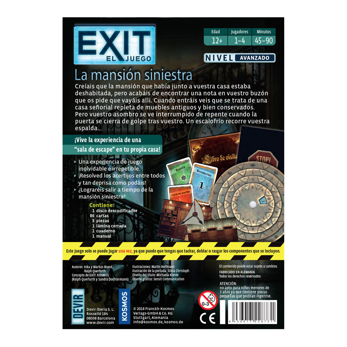 Dorso caja juego EXIT La Mansión Siniestra mostrando contenido, nivel avanzado y datos de jugadores