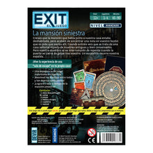 Dorso caja juego EXIT La Mansión Siniestra mostrando contenido, nivel avanzado y datos de jugadores
