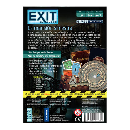 Dorso caja juego EXIT La Mansión Siniestra mostrando contenido, nivel avanzado y datos de jugadores