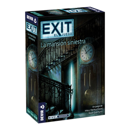 Caja del juego de mesa cooperativo EXIT La Mansión Siniestra con diseño oscuro y escalera de hierro