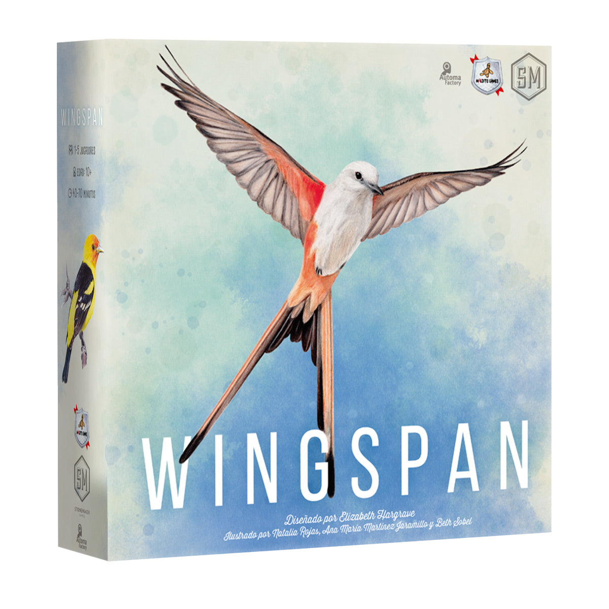 Caja del juego de mesa Wingspan con ilustración de ave en vuelo y detalles de componentes