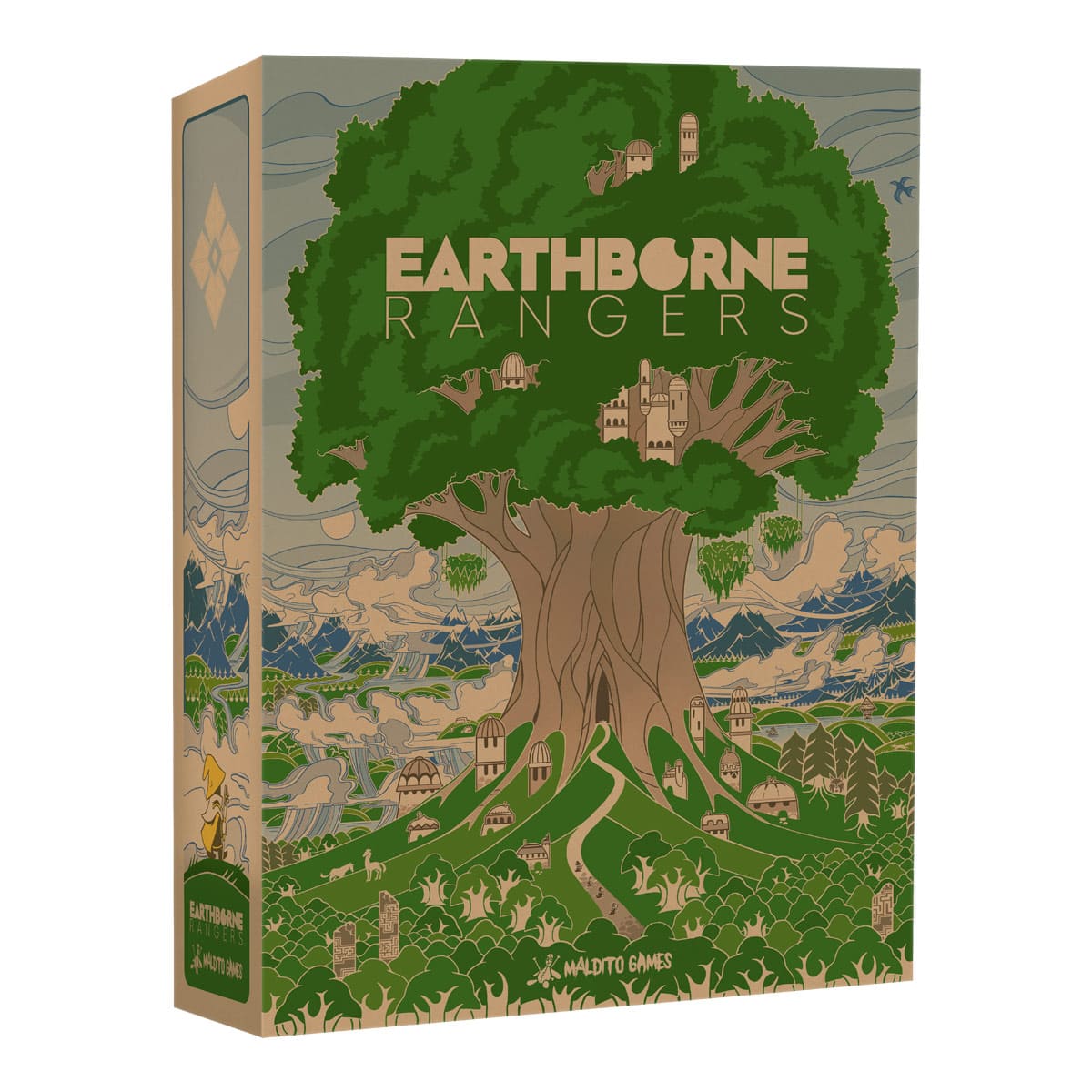 Caja Earthborne Rangers: ilustración árbol y montañas del juego de mesa cooperativo