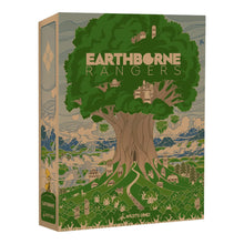 Caja Earthborne Rangers: ilustración árbol y montañas del juego de mesa cooperativo