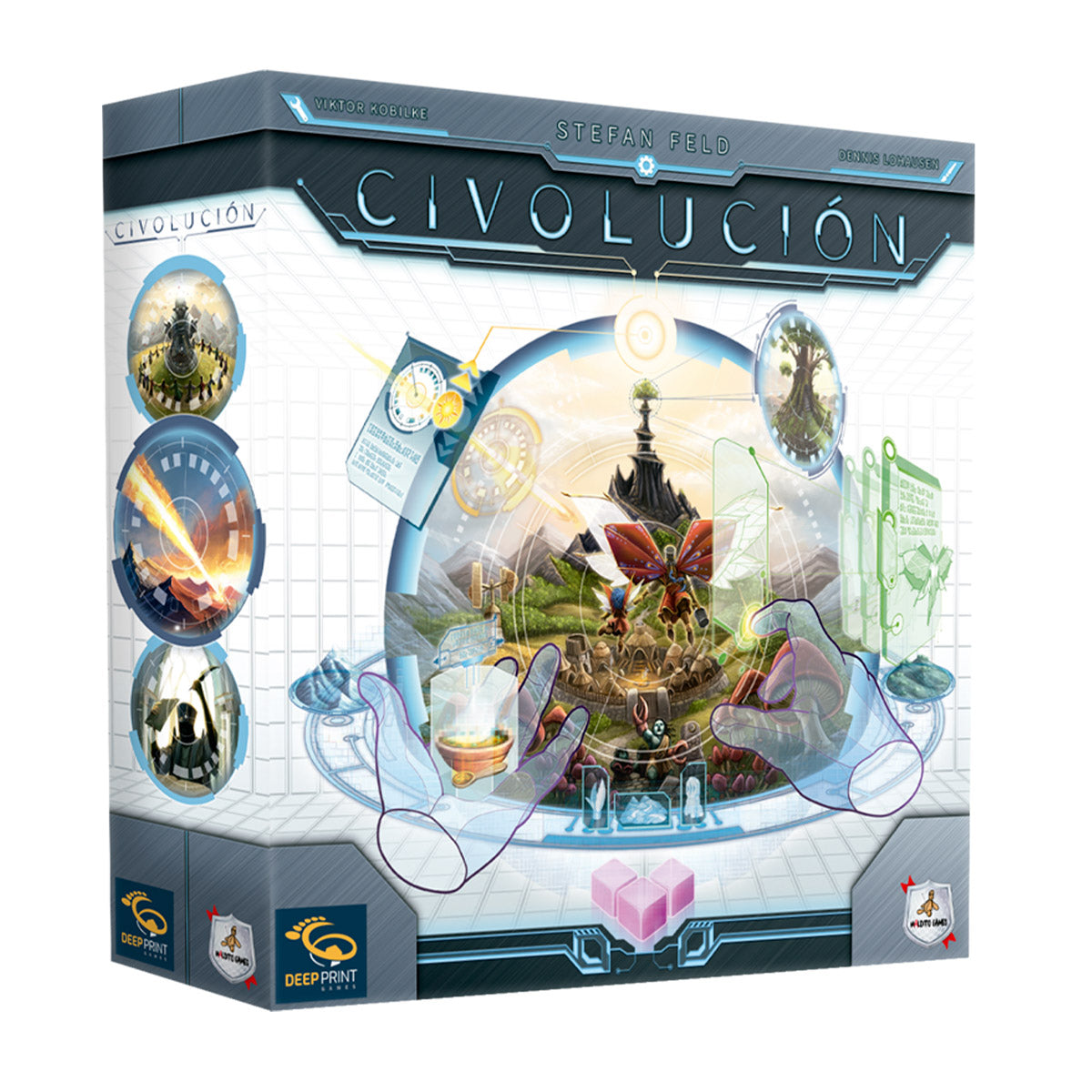 Caja juego Civolución portada ciudad antigua figura alada roja y torre oscura