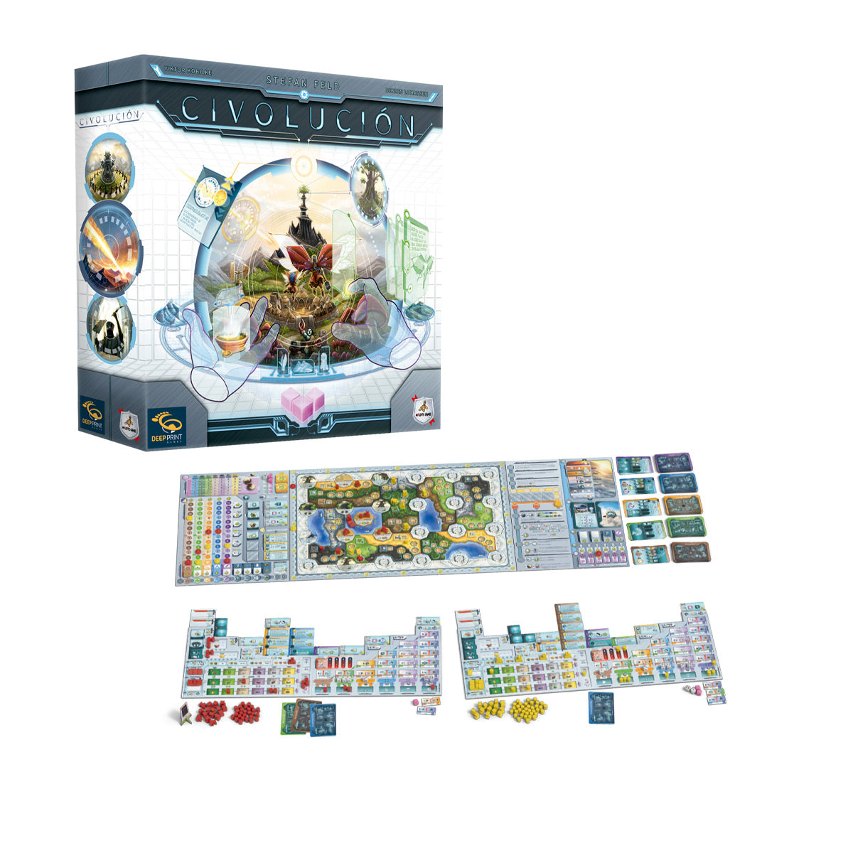 Juego base Civolución caja grises azules con componentes tablero y fichas