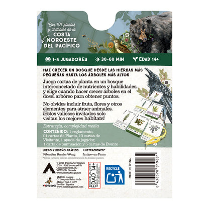 Dorso caja juego Reforest con oso, cuervo y mecánicas de crecimiento forestal