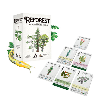 REForest juego de cartas con arte de árboles del Pacífico Noroeste y salamandra