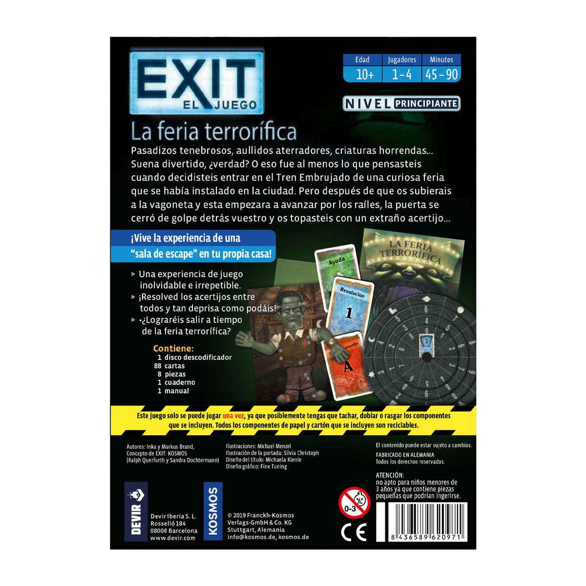 Dorso caja juego de mesa EXIT La Feria Terrorífica con lista de componentes y detalles de edad y tiempo