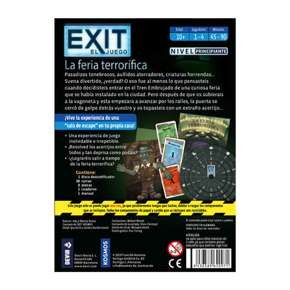 Dorso caja juego de mesa EXIT La Feria Terrorífica con lista de componentes y detalles de edad y tiempo