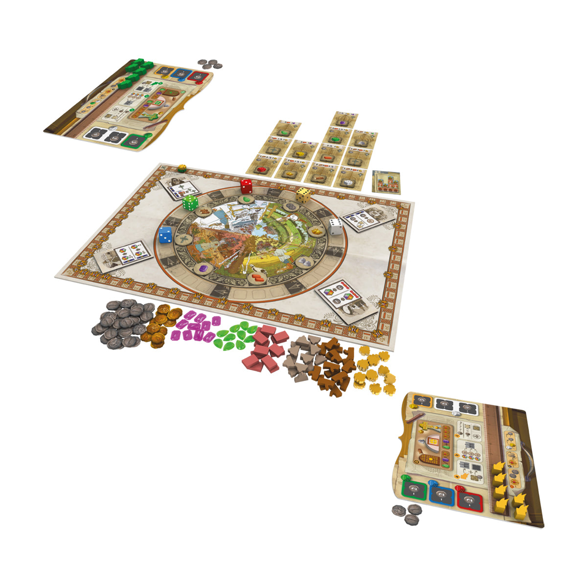 Componentes juego mesa The Red Cathedral tablero cartas y recursos