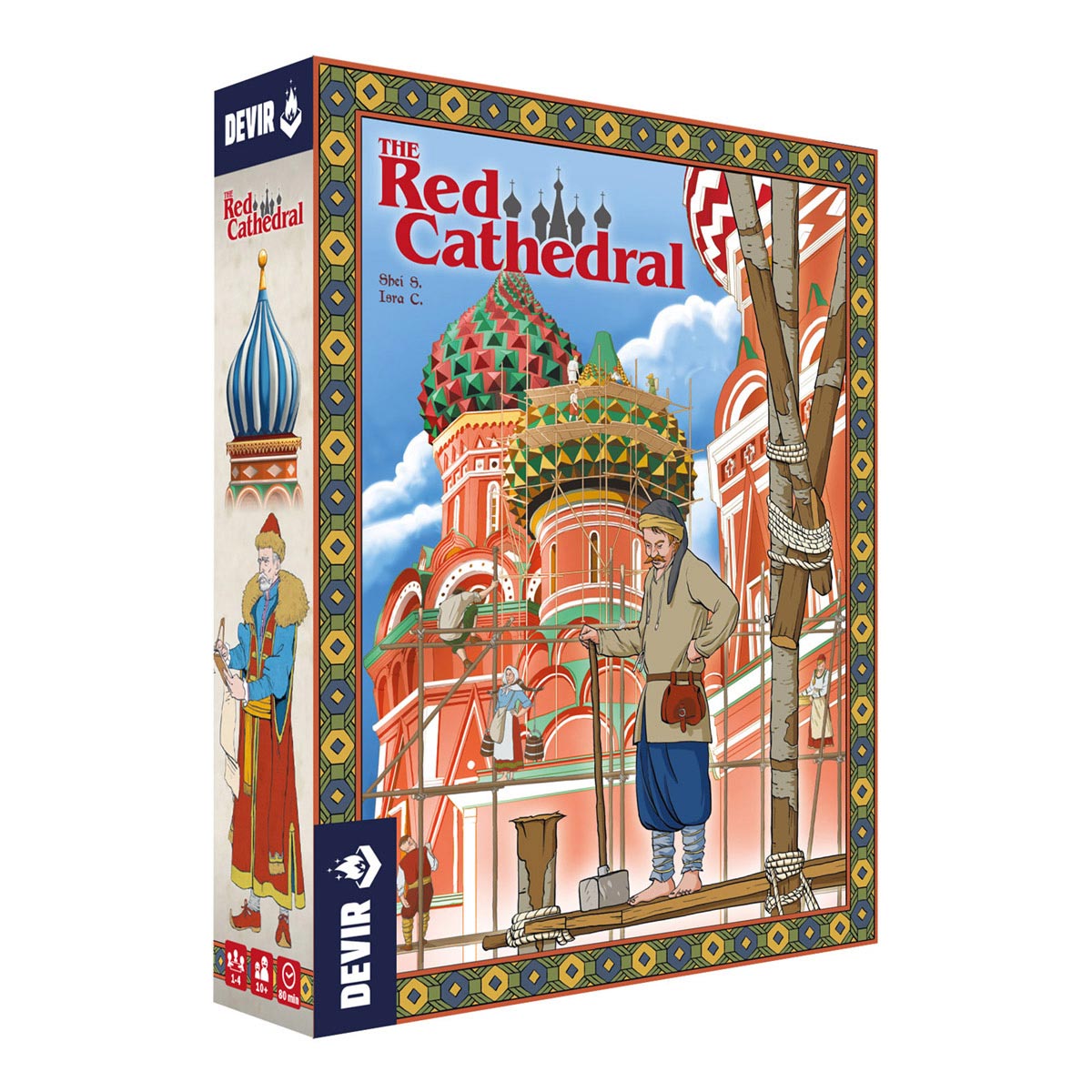 Caja del juego de mesa The Red Cathedral con ilustración arquitectos