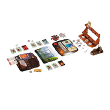 Juego de mesa Paleo componentes desplegados con cartas, fichas de madera y tableros de supervivencia cooperativa