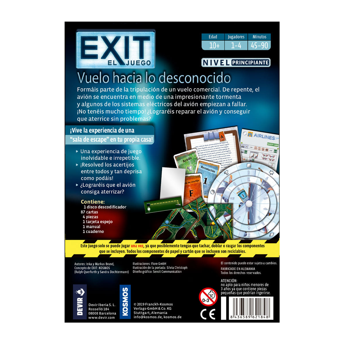 Panel trasero del juego de mesa EXIT con especificaciones y componentes internos