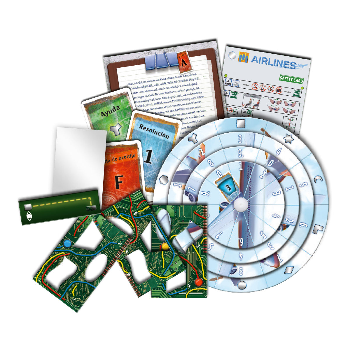 Componentes del juego de escape EXIT: cartas, disco descodificador y cuaderno