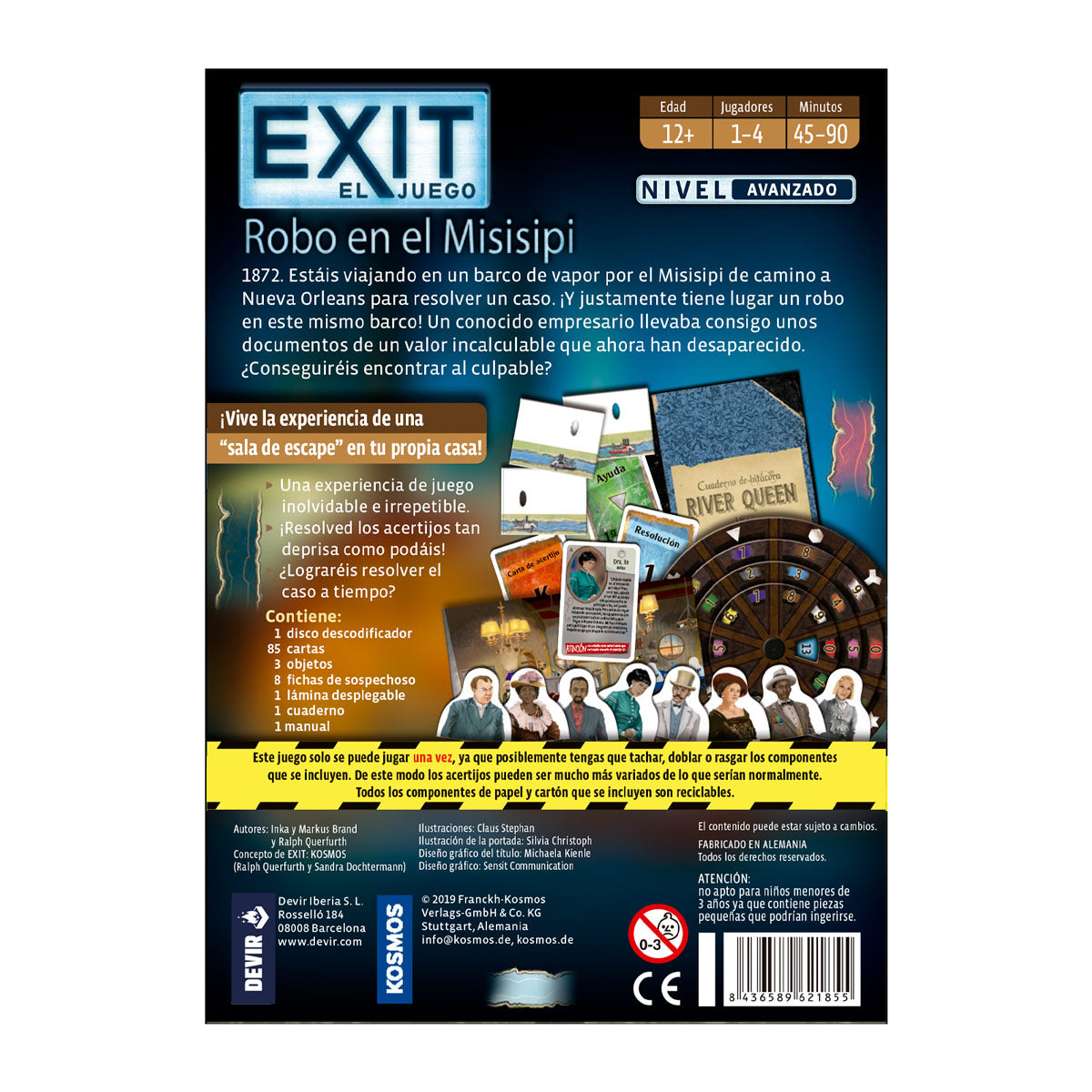Parte trasera caja juego mesa cooperativo EXIT Robo en el Misisipi nivel avanzado