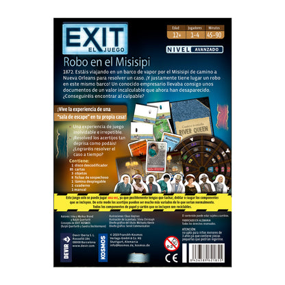 Parte trasera caja juego mesa cooperativo EXIT Robo en el Misisipi nivel avanzado