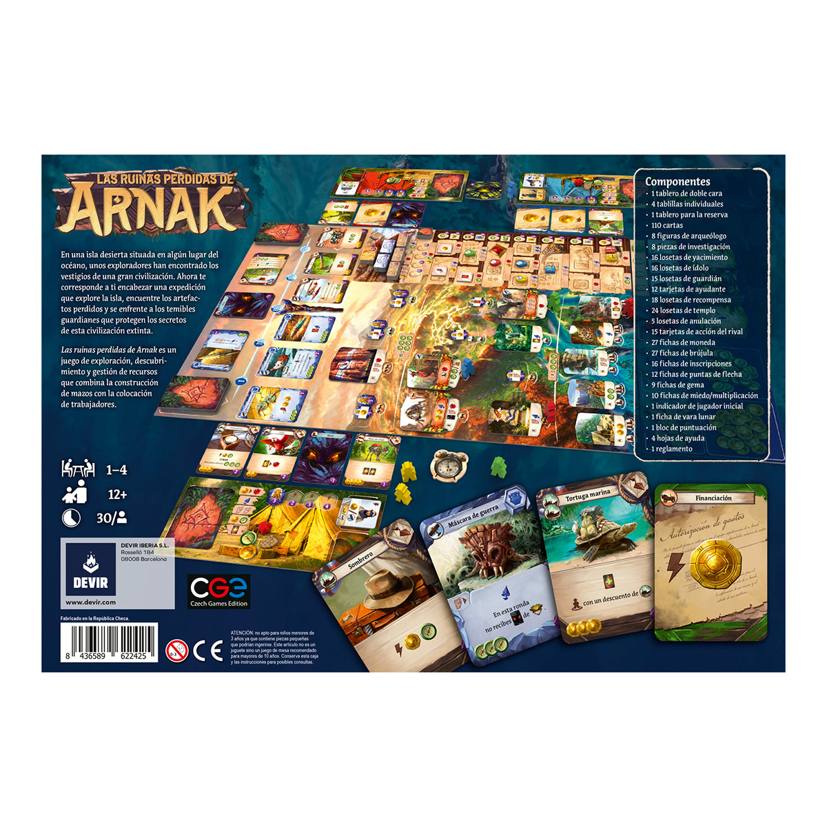 Parte trasera de la caja de Las Ruinas Perdidas de Arnak mostrando componentes y detalles del juego