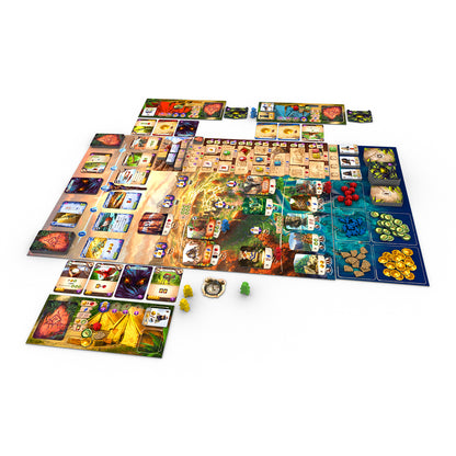 Juego de mesa Las Ruinas Perdidas de Arnak desplegado con tablero, cartas y miniaturas de arqueólogos
