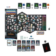Componentes del juego Clank! En el Espacio fichas, dados y cartas sobre fondo blanco