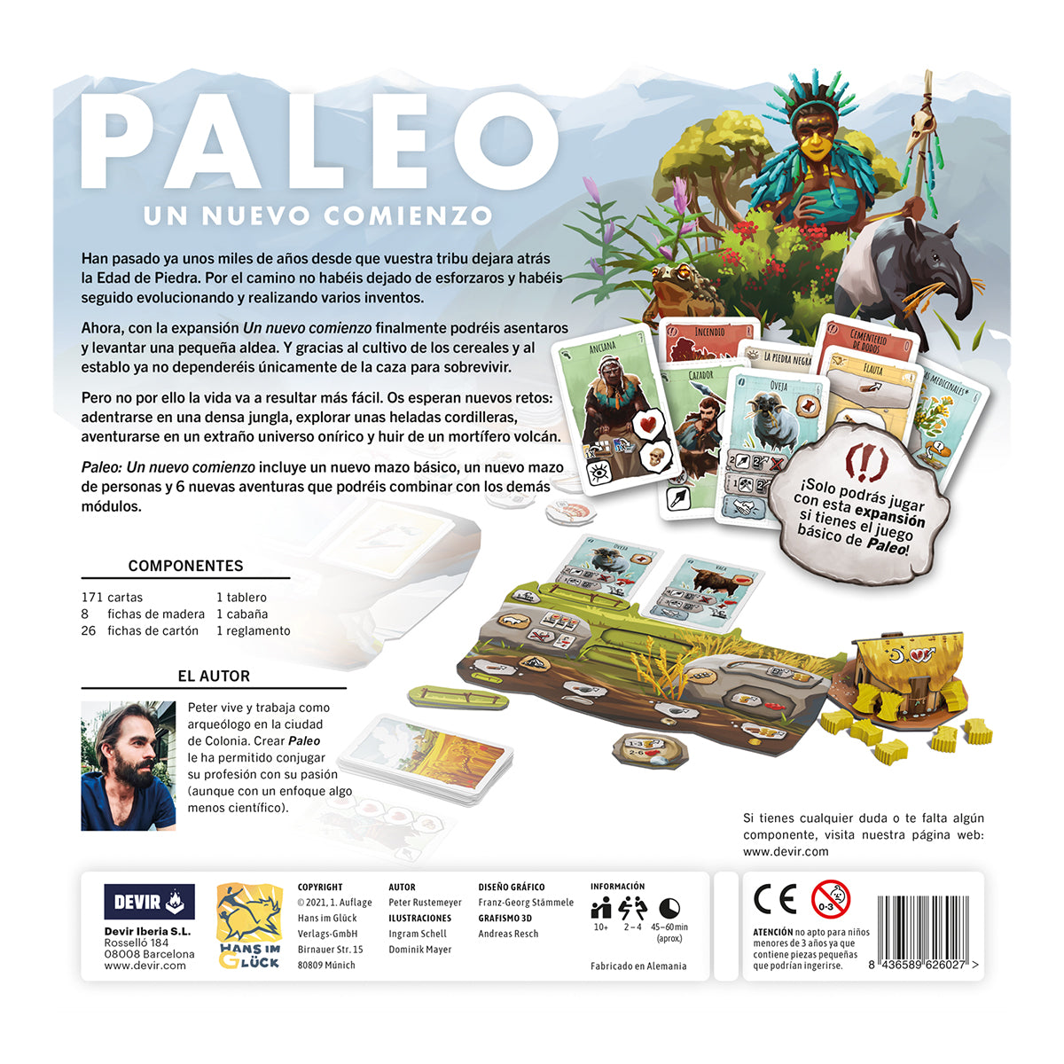 Dorso caja expansión Paleo Neolítico componentes cartas fichas madera tablero