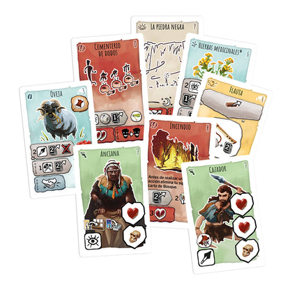 Cartas juego de mesa Paleo Un Nuevo Comienzo Oveja Anciana Cazador Incendio