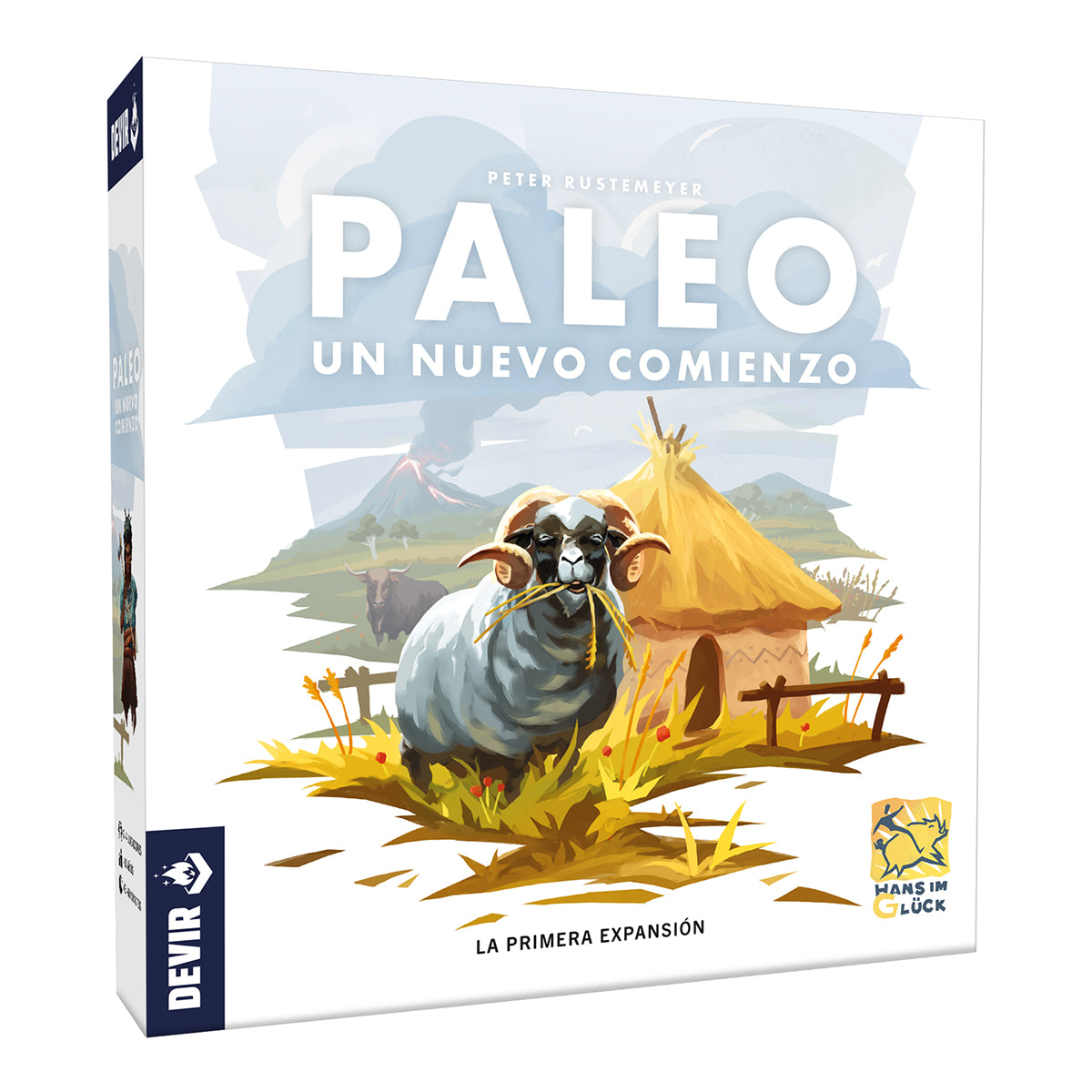 Caja expansión juego mesa Paleo Un Nuevo Comienzo Devir con oveja y volcán