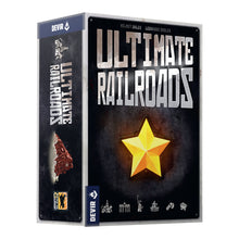 Caja gran formato Ultimate Railroads edición Devir con diseño industrial y locomotora roja