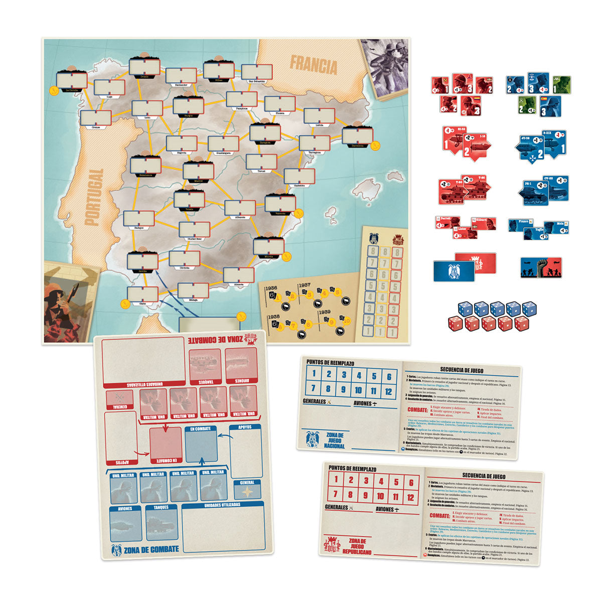 Tablero de juego España 1936 con mapa y unidades militares