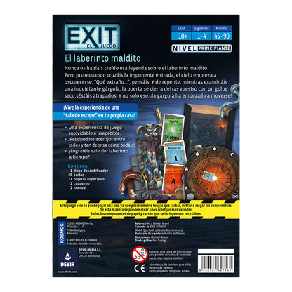 Panel trasero del juego de mesa Exit: El Laberinto Maldito con especificaciones y contenido