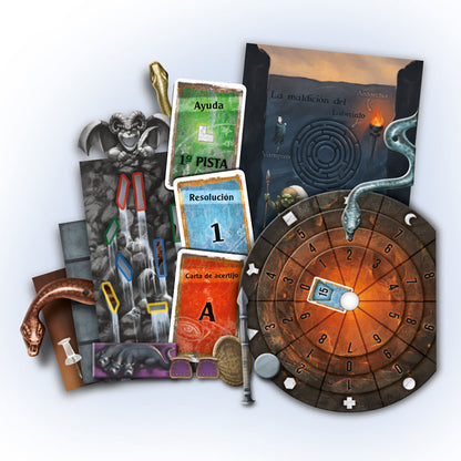 Componentes del juego de mesa Exit: El Laberinto Maldito con disco descodificador, cartas y figuras