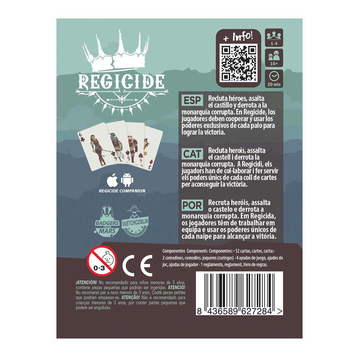 Dorso caja juego Regicide con descripción reglas y compatibilidad móvil
