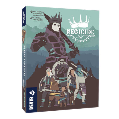Frente caja juego de cartas Regicide con figura coronada y héroes